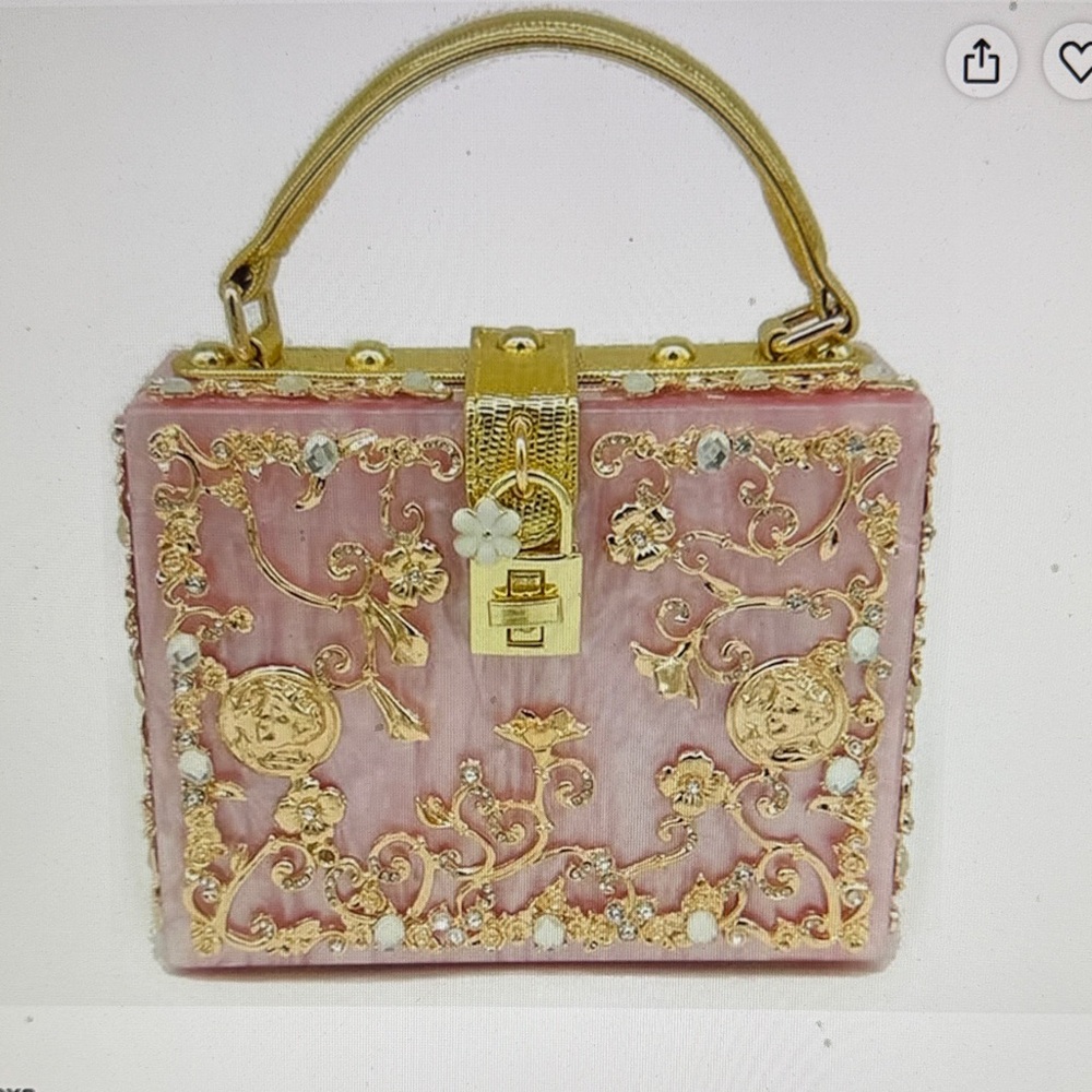Elegant Pink Jeweled Box Bag - Gold Hardware